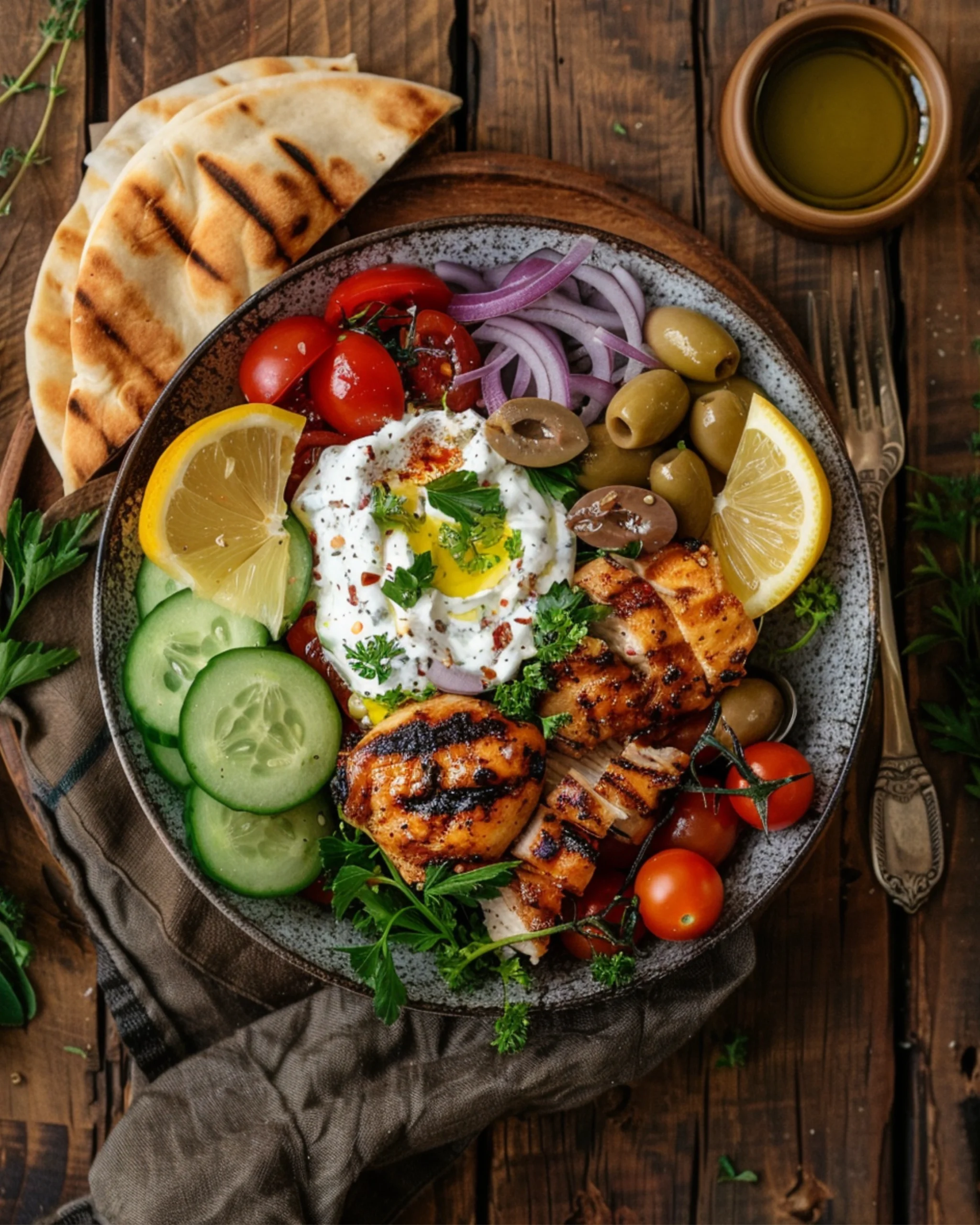 Colorful Greek chicken bowl with rice, veggies, and feta cheese