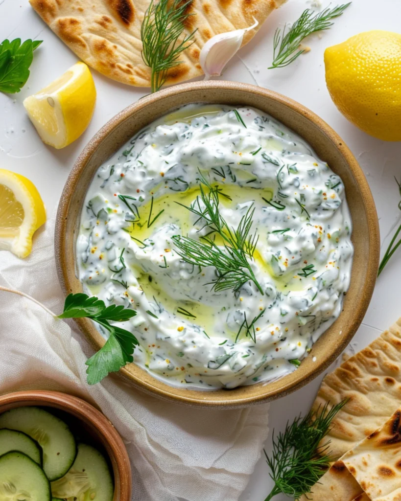 Freshly made tzatziki in a bowl with dill and lemon