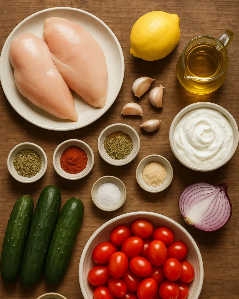 Fresh ingredients for Greek chicken bowl including vegetables, chicken, and yogurt marinade