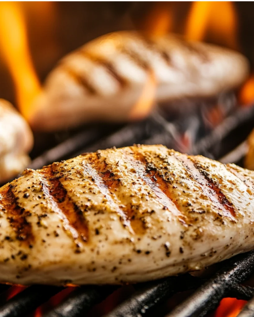 Juicy marinated chicken breasts grilling over open flame with visible char marks