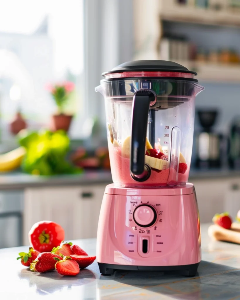 Blending a strawberry banana protein shake with fresh ingredients.