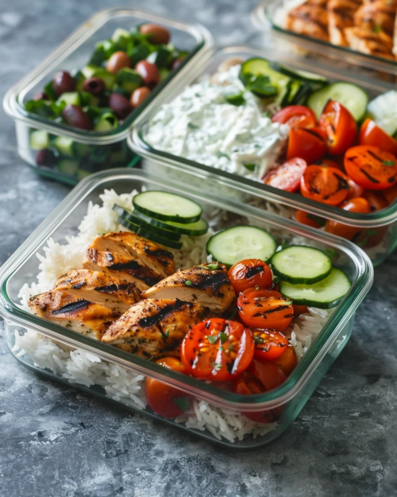 Glass containers filled with Greek chicken and vegetables
