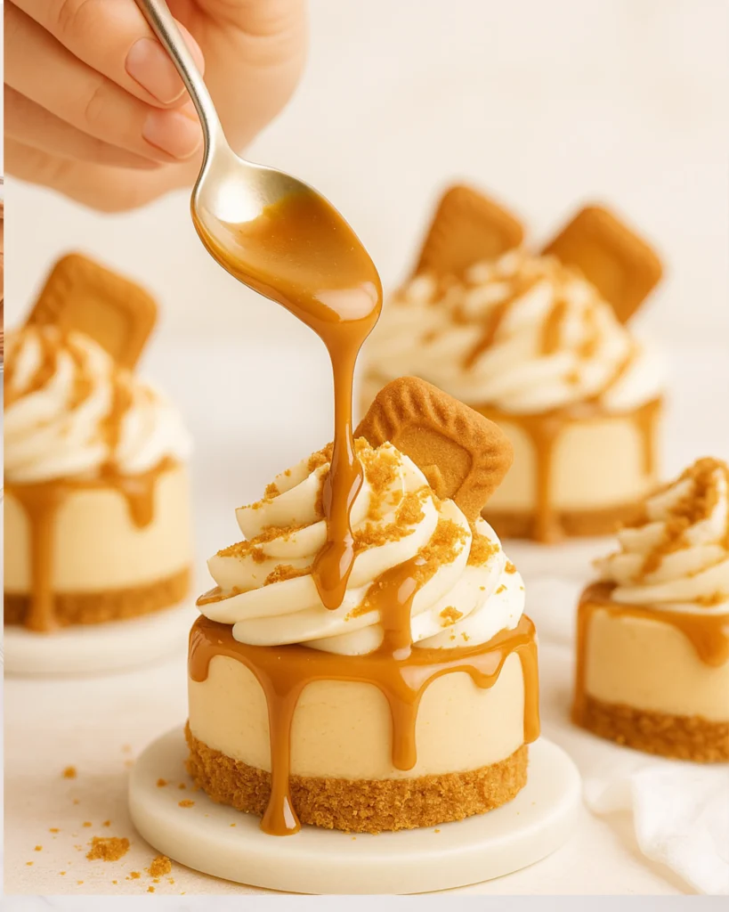 Hand piping whipped cream onto mini Biscoff cheesecakes with Biscoff spread drizzle