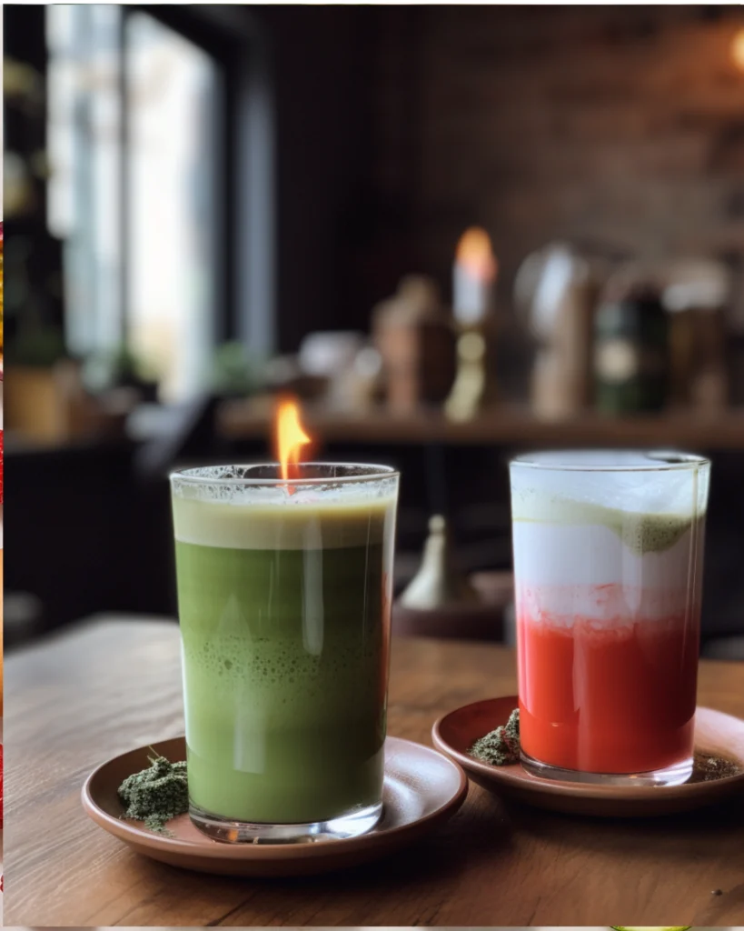 Hot and iced strawberry matcha lattes displayed side-by-side.
