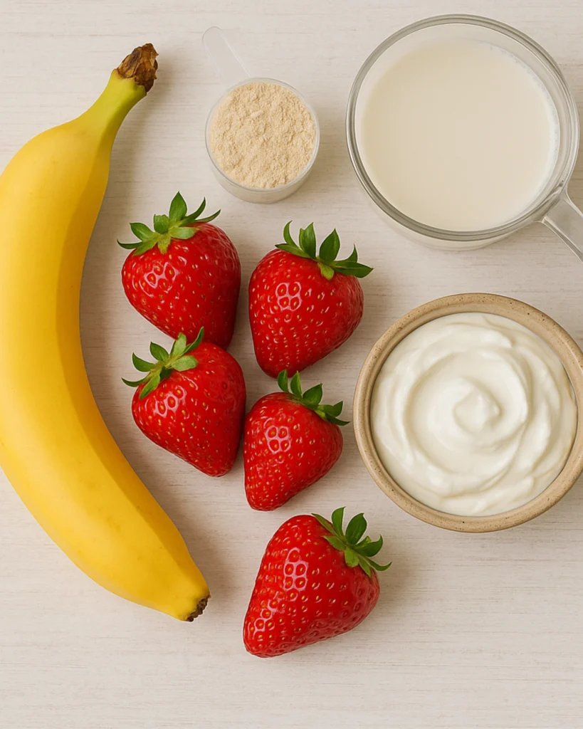 Ingredients for making a strawberry banana protein shake laid out on a counter.