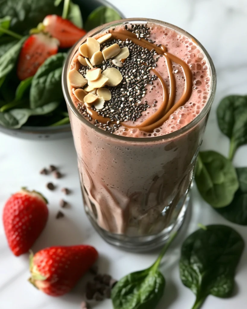 Strawberry banana shake with healthy toppings and add-ins.