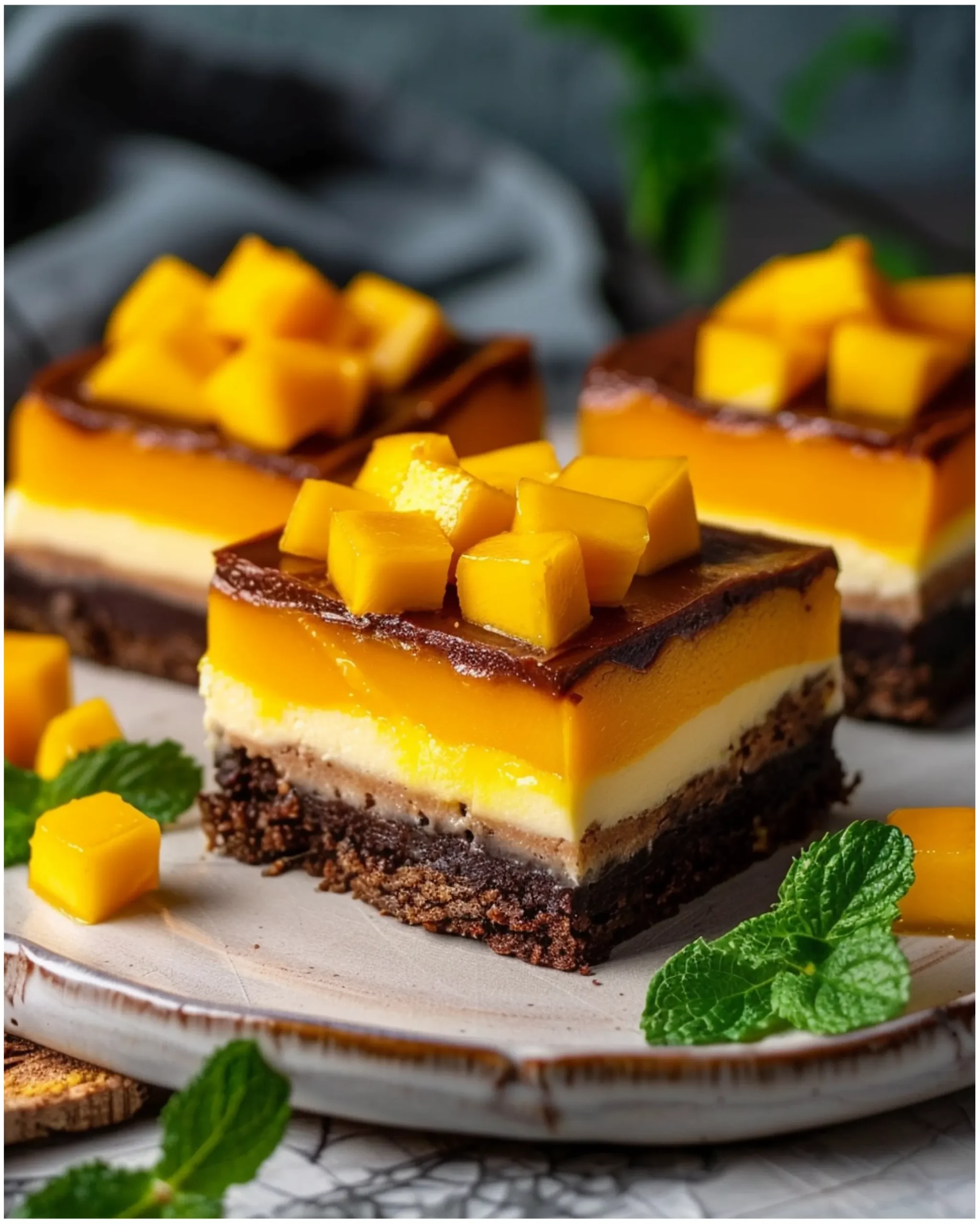 Sliced mango cheesecake brownies on a platter with garnish
