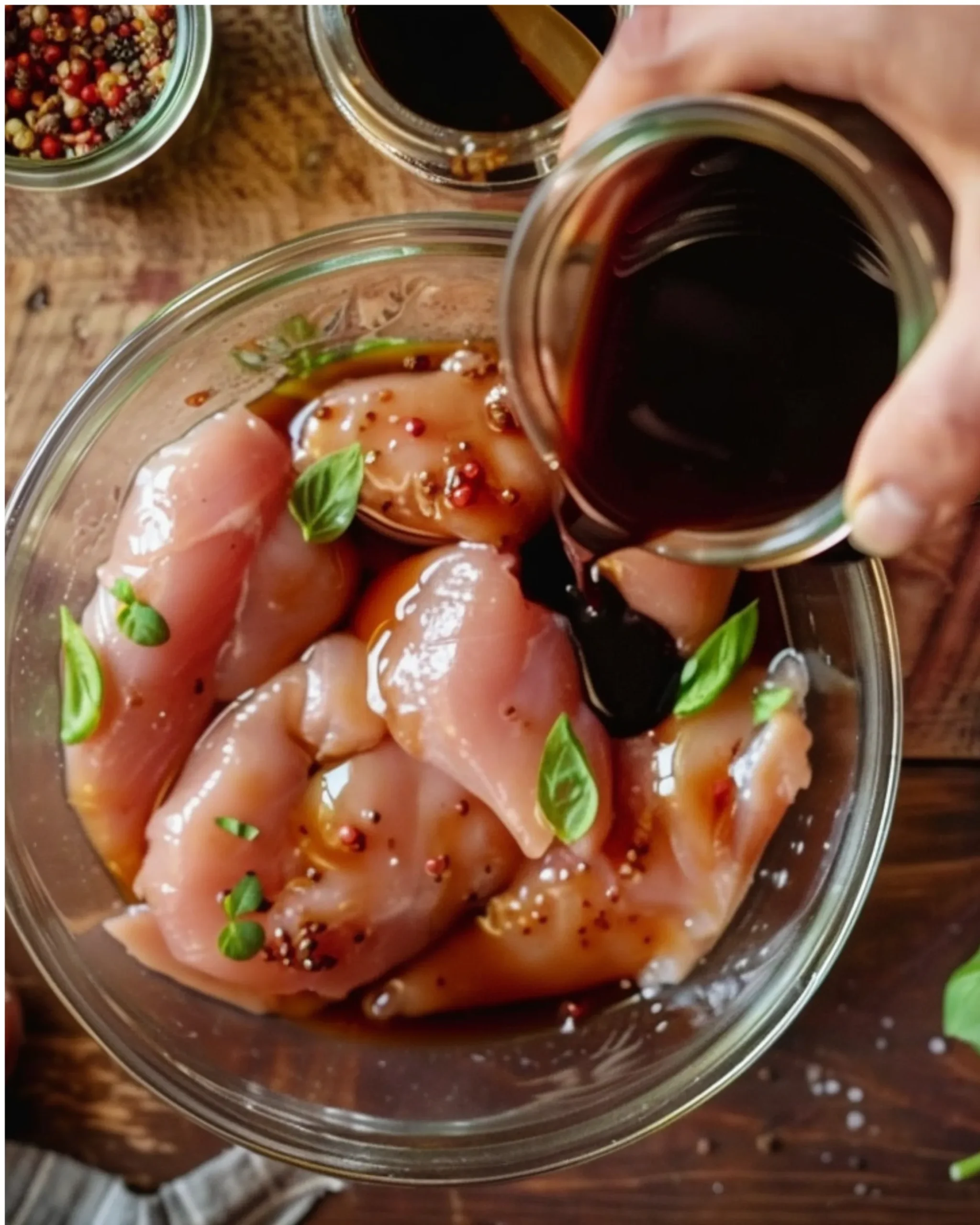 Chicken being marinated with balsamic sauce