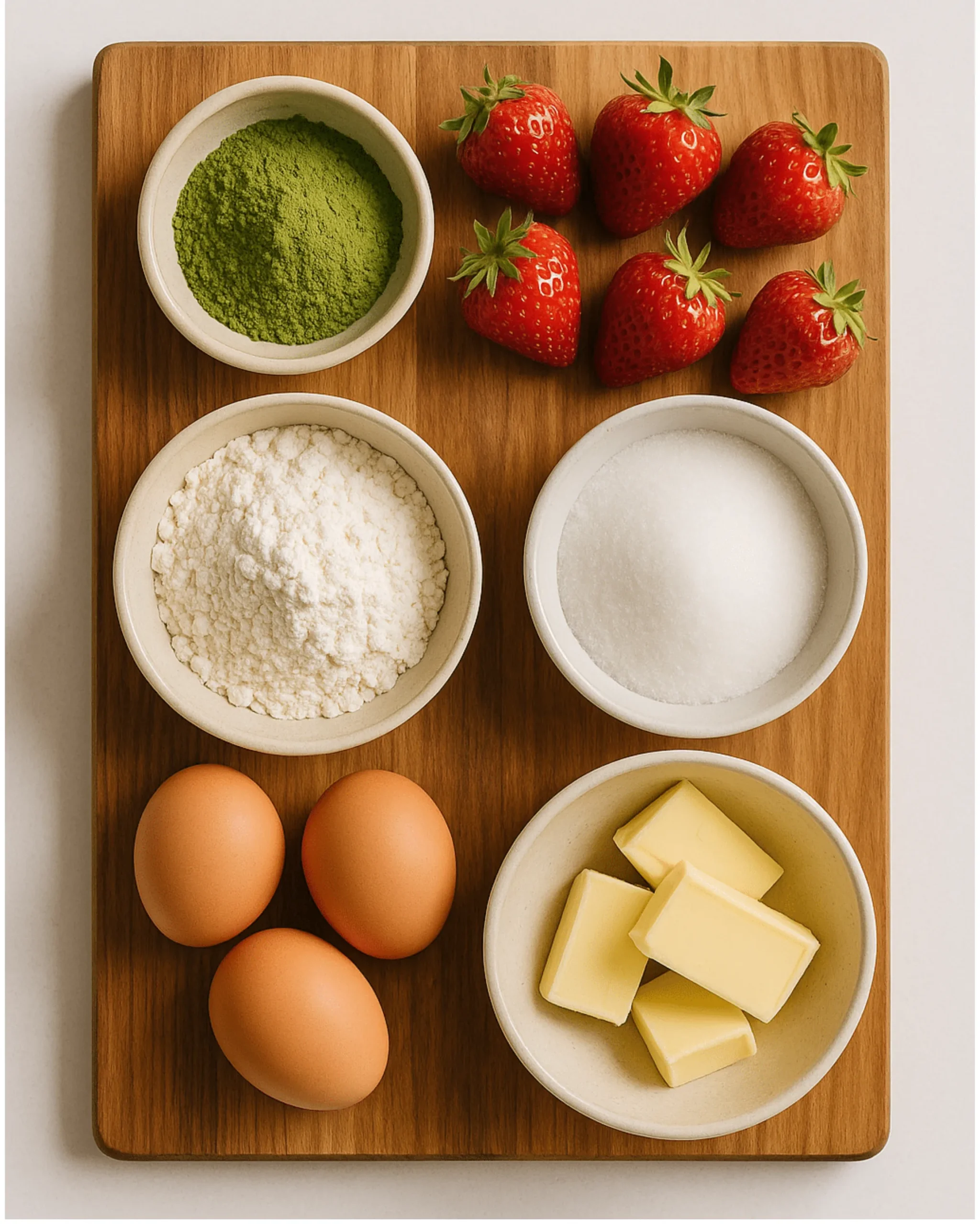 strawberry-matcha-ingredients Strawberry Matcha Cake ingredients flat lay