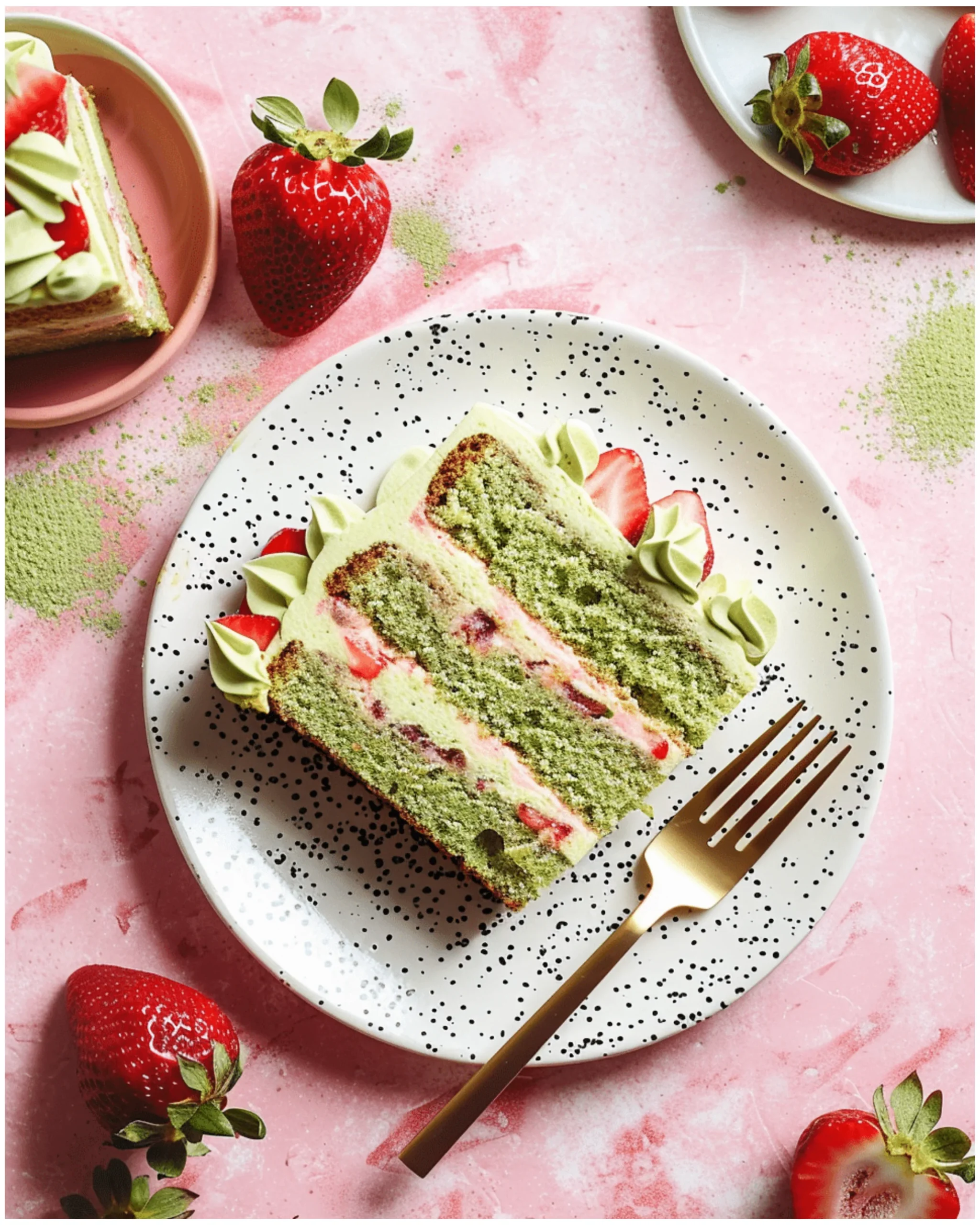 strawberry-matcha-cake-serving Strawberry Matcha Cake slice on plate