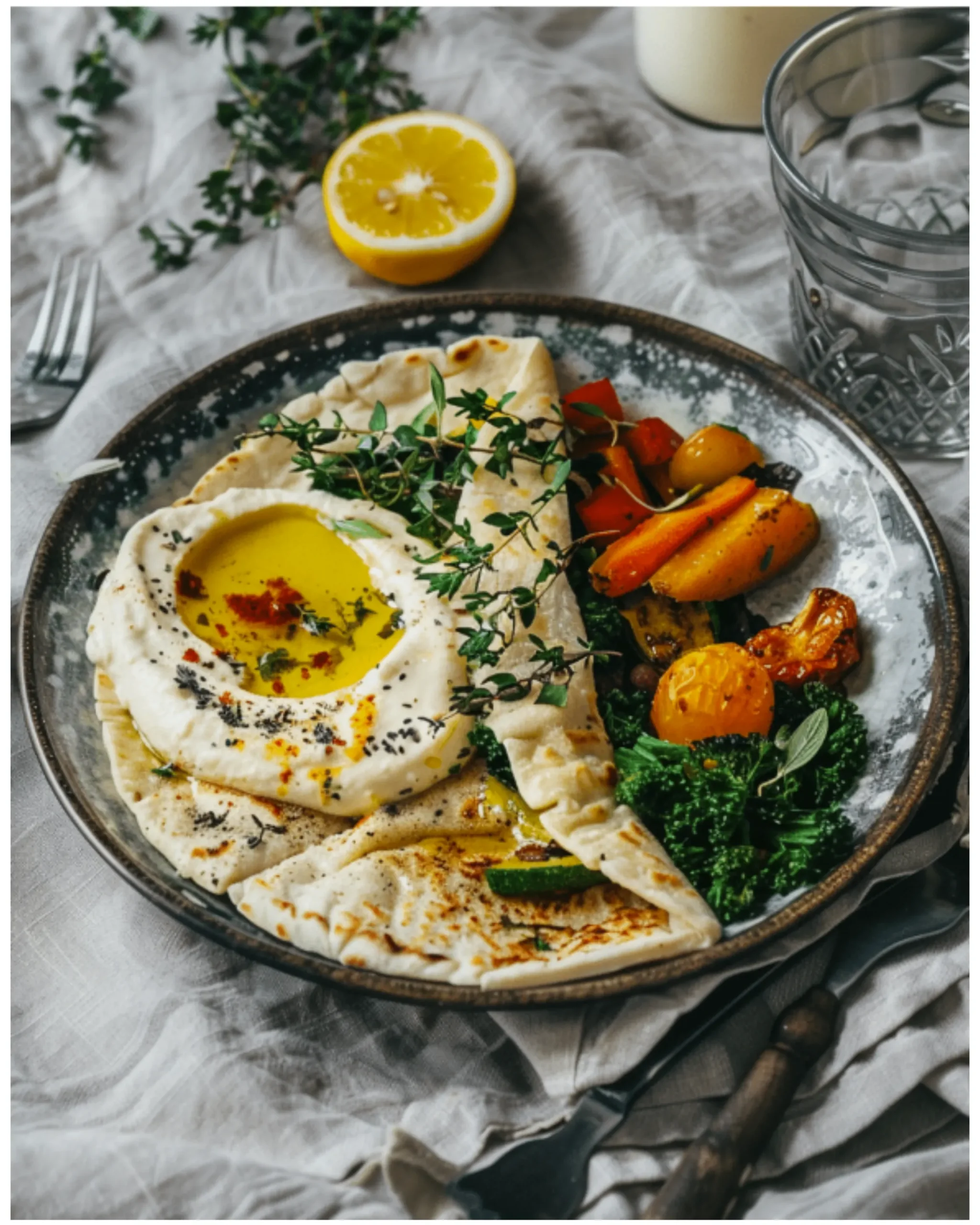 Cottage cheese flatbread with salad and dip