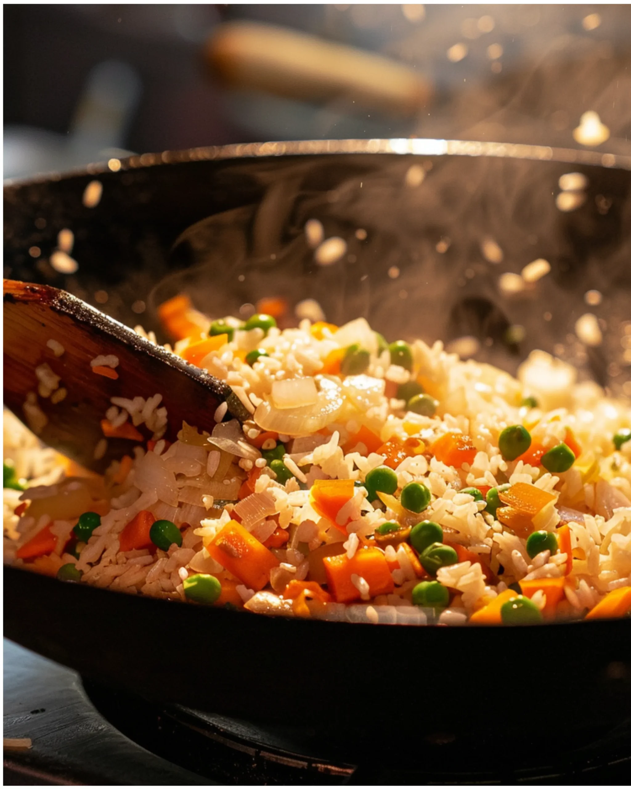 Jasmine rice and vegetables being stir-fried in a hot wok with a spatula.