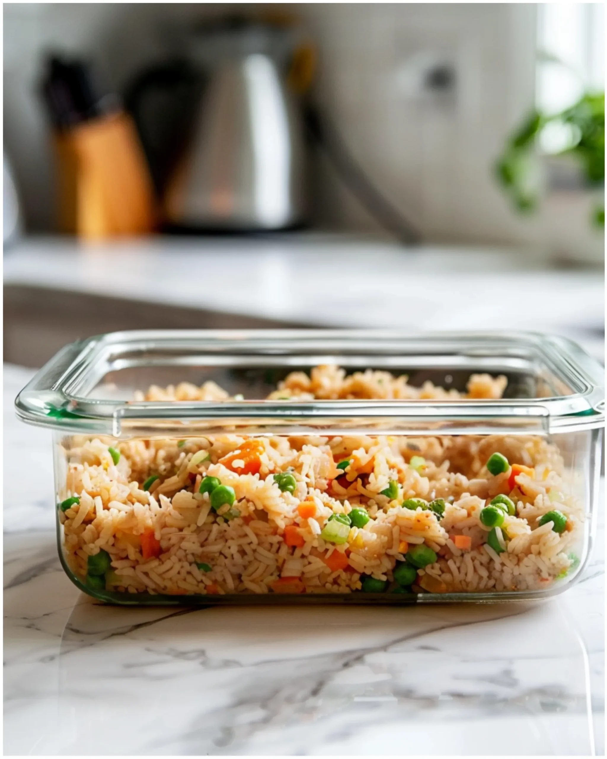 Fried rice stored in a glass container on a kitchen counter.