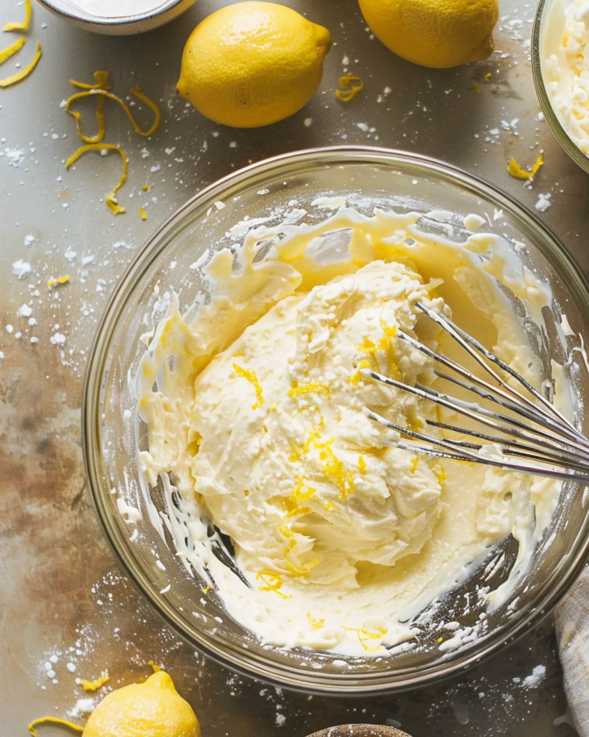 Bowl of lemon cheesecake filling with lemon zest on top