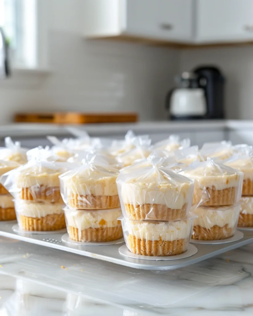 Mini cheesecakes stored in a freezer container