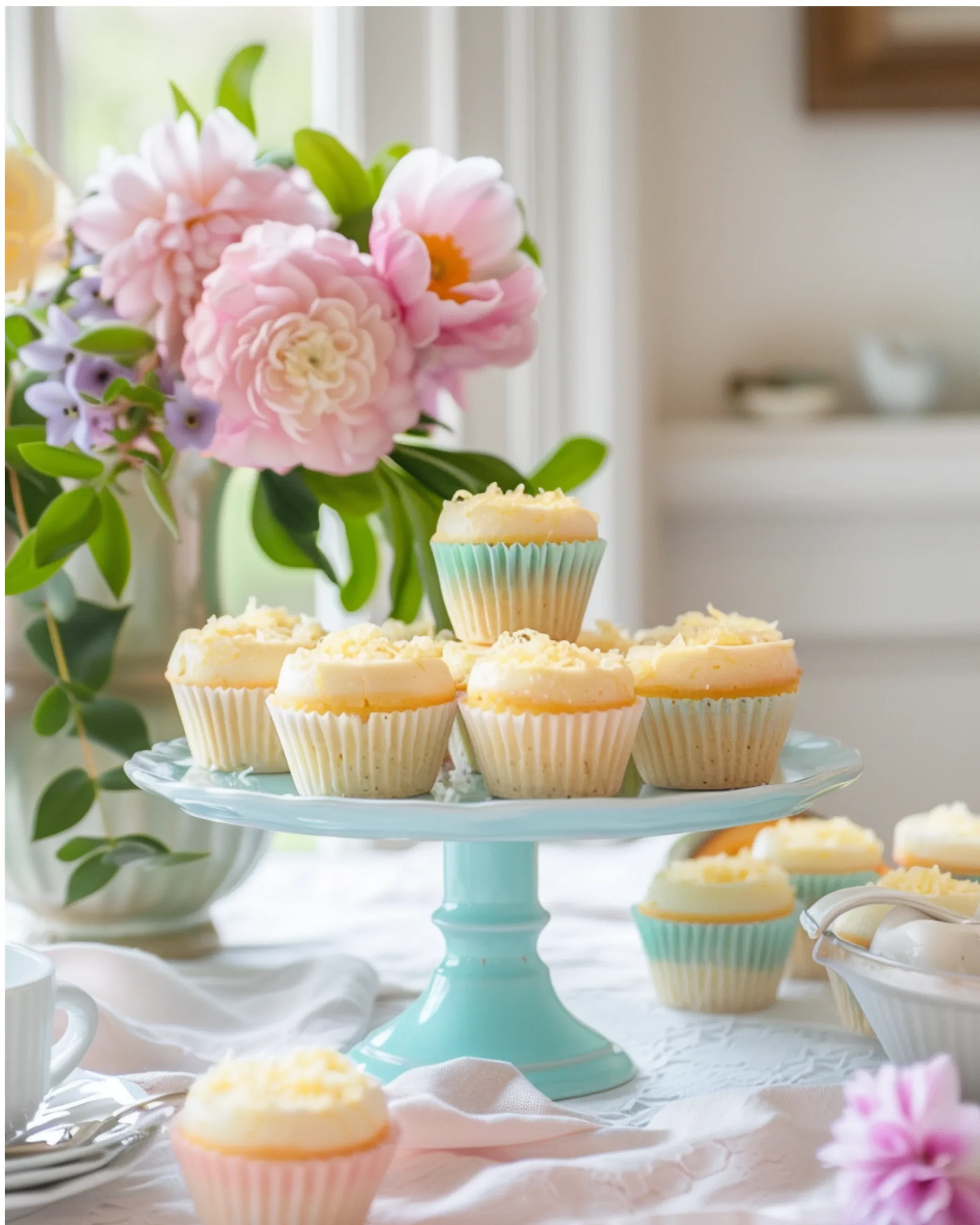 Mini cheesecakes with lemon garnish in pastel liners on decorated table
