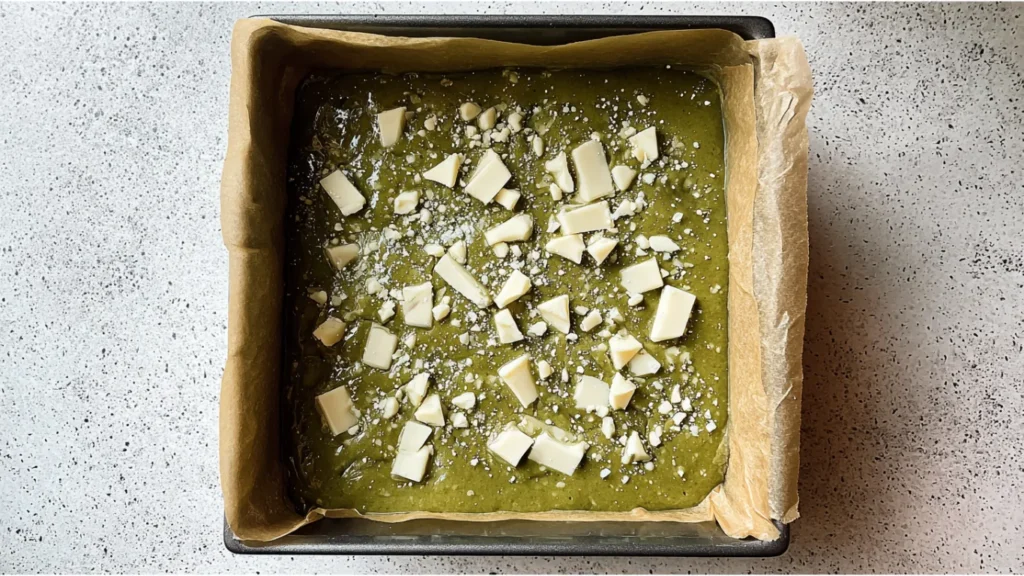 matcha-brownie-ingredients mixing matcha brownie batter with white chocolate chunks