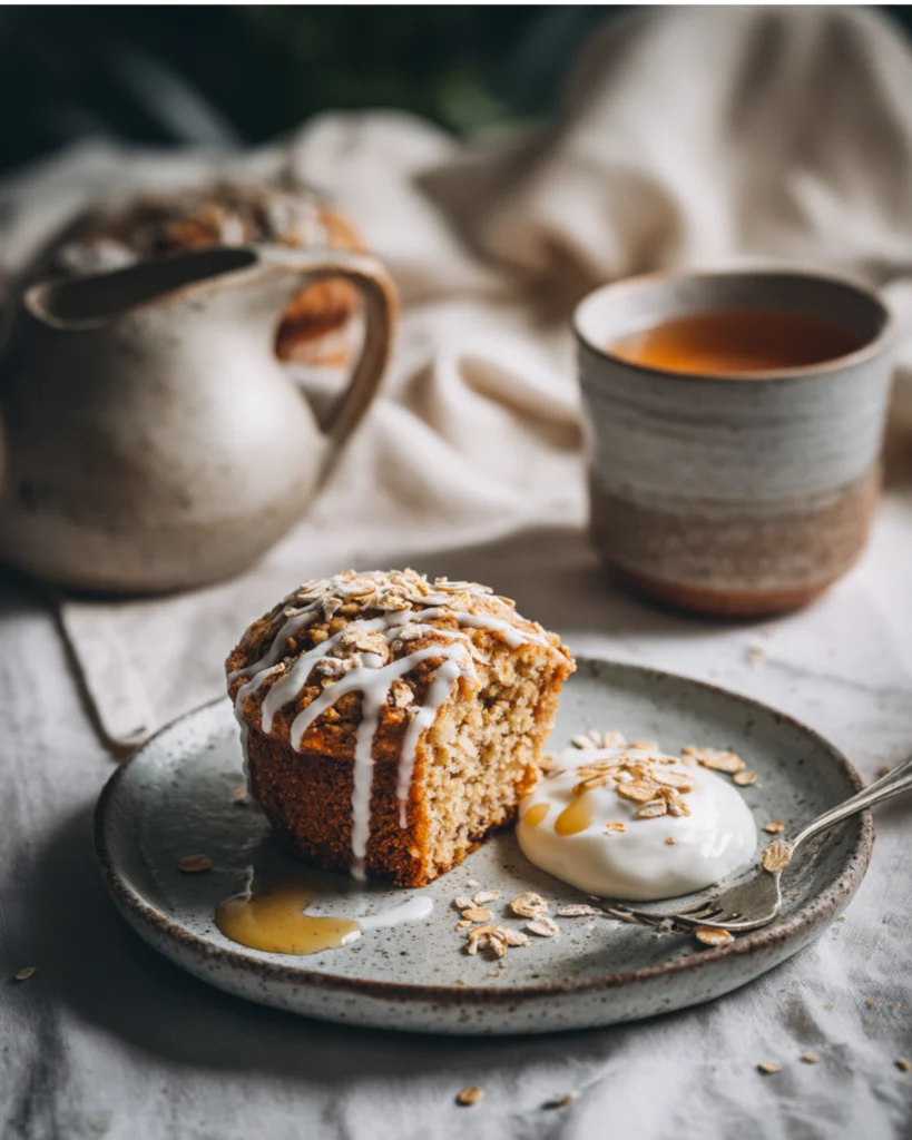 sliced apple cinnamon muffin with yogurt on plate