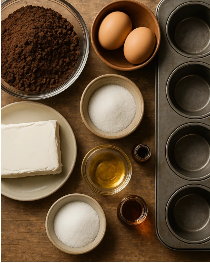 Ingredients for brownie cheesecake cups arranged flat lay