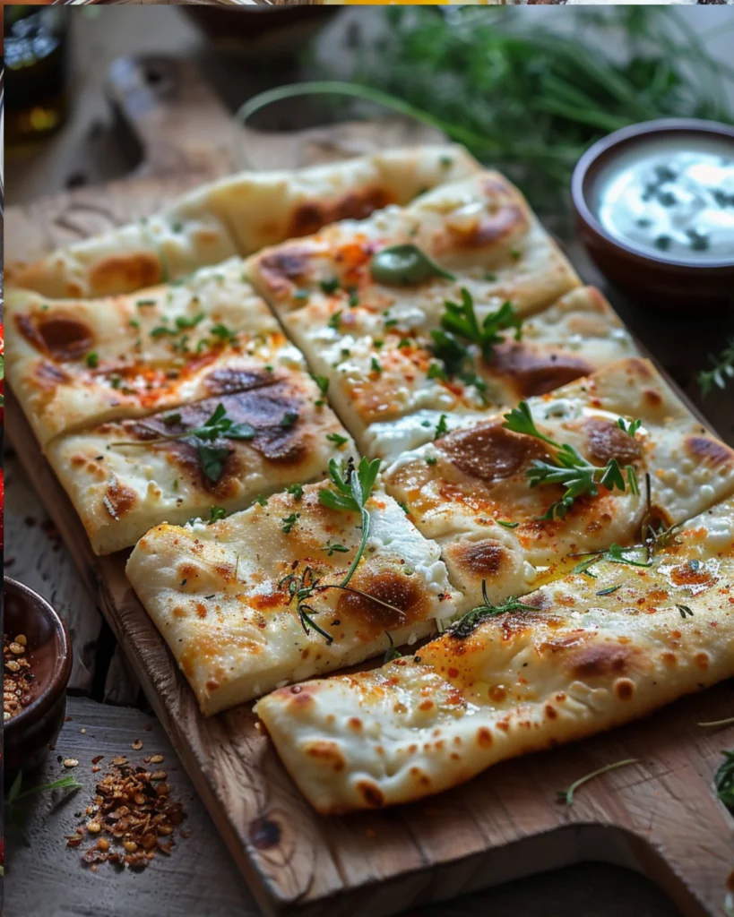 Served cottage cheese flatbread slices with herbs and dips