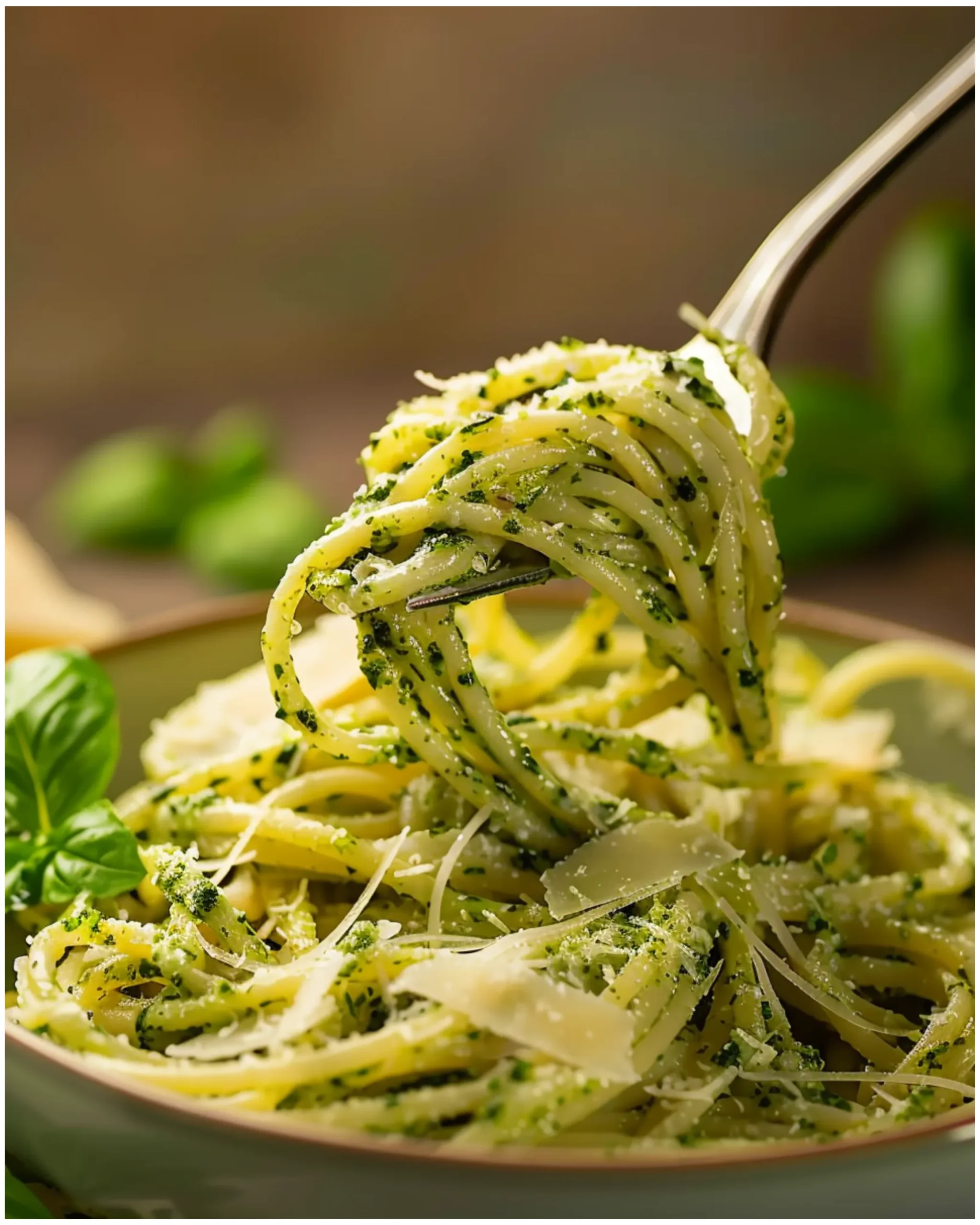 fork twirling creamy pesto pasta with basil and parmesan