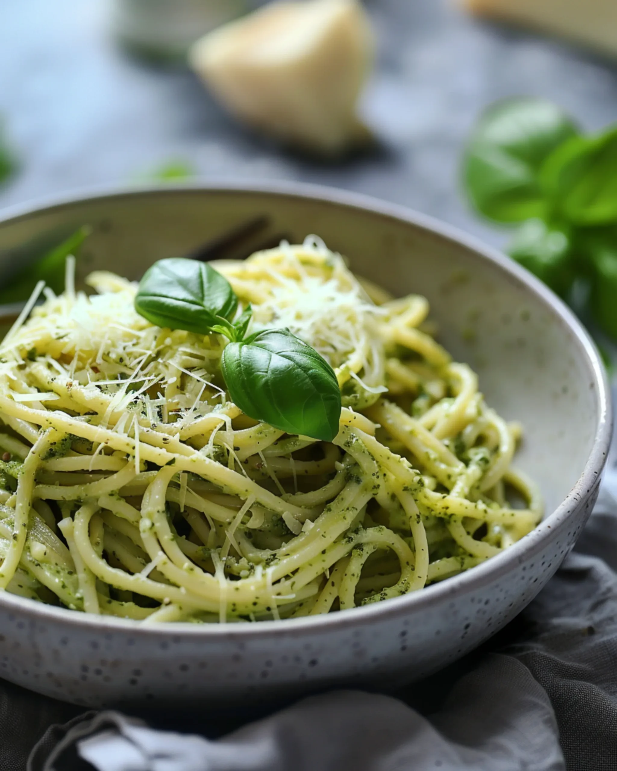 family-style creamy pesto pasta served with basil and parmesan