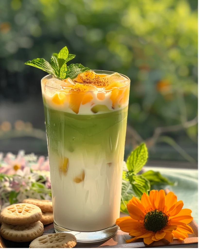 3-Layer Iced Mango Matcha Latte: A Refreshing Twist You’ll Crave All Summer 4 clear glass filled with iced mango matcha latte, with vibrant green matcha layer on top
