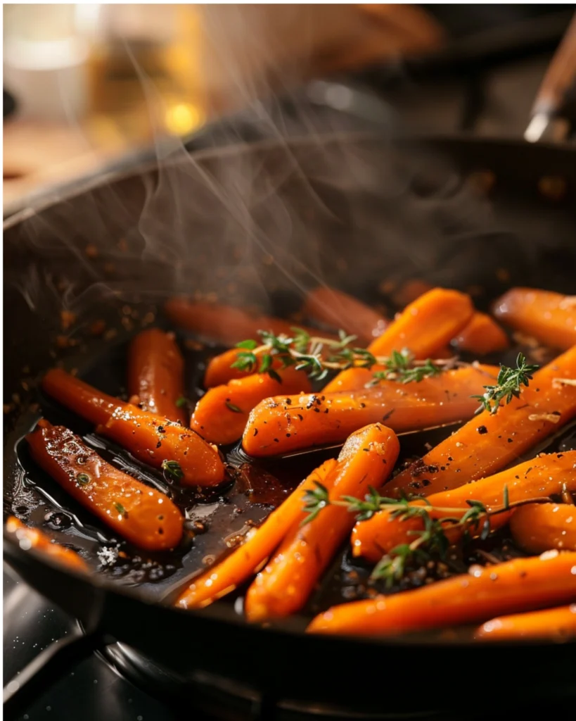 Maple Glazed Carrots with Thyme – Irresistible 5-Star Favorite 3 carrots simmering in maple thyme glaze