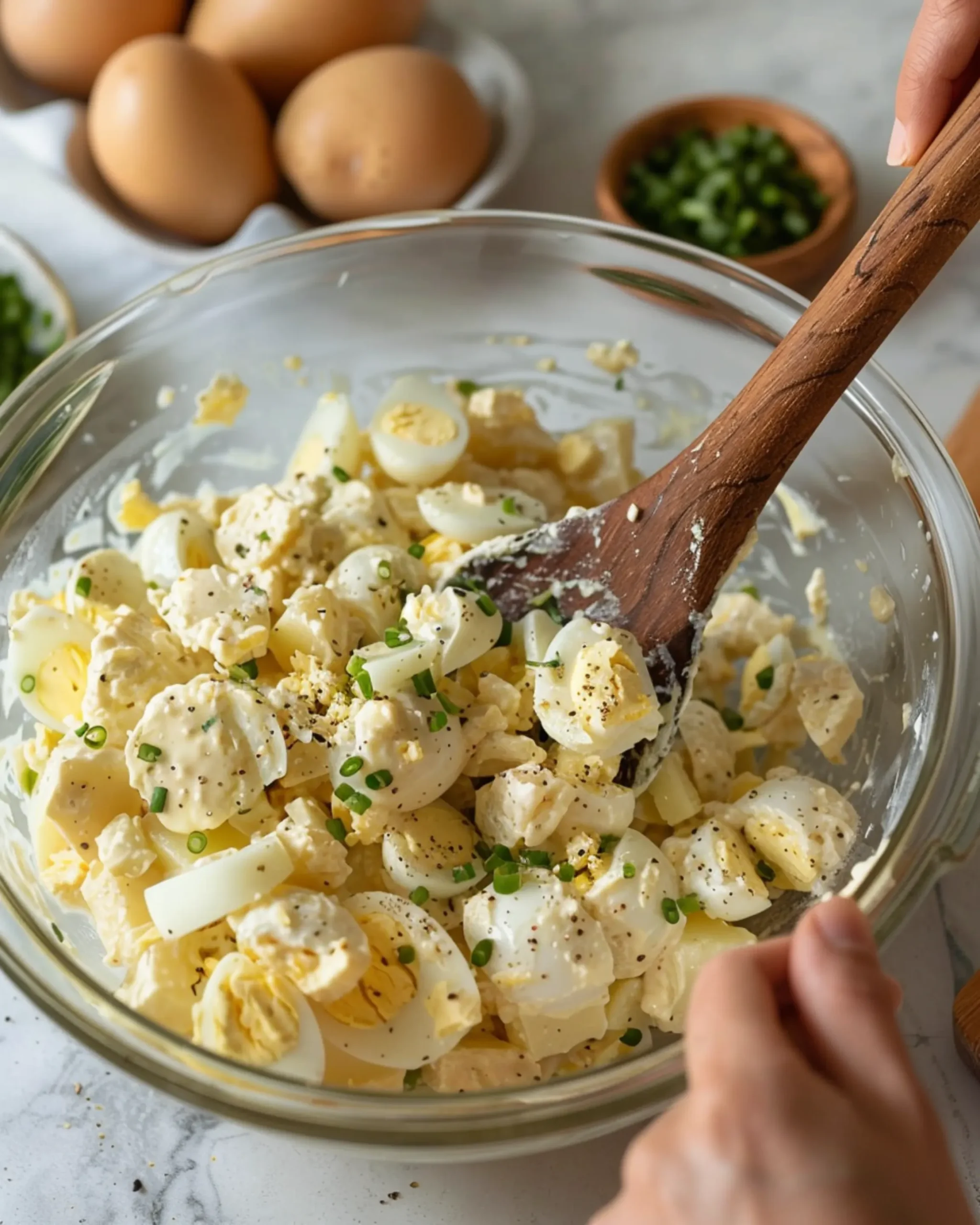 Mixing boiled potatoes and eggs with creamy dressing in a glass bowl