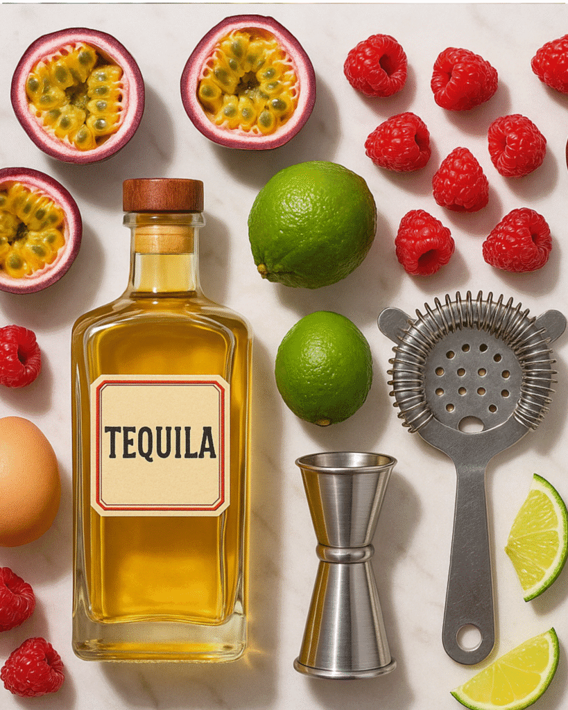 5 Irresistible Reasons to Love This Raspberry Passionfruit Tequila Sour 2 Flat lay of ingredients for Raspberry Passionfruit Tequila Sour