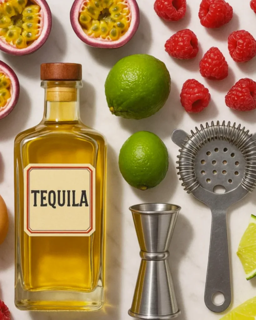 Raspberry Passionfruit Tequila Sour: 5 Irresistible Reasons You’ll Love This Cocktail 2 Flat lay of ingredients for Raspberry Passionfruit Tequila Sour