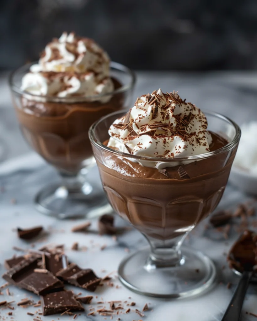 Chocolate Mousse Recipe: Irresistible 3-Step Method for the Perfect Texture 4 Elegant chocolate mousse plated Chocolate mousse topped with mint and chocolate curls in a dessert glassa mint leaf and chocolate curls