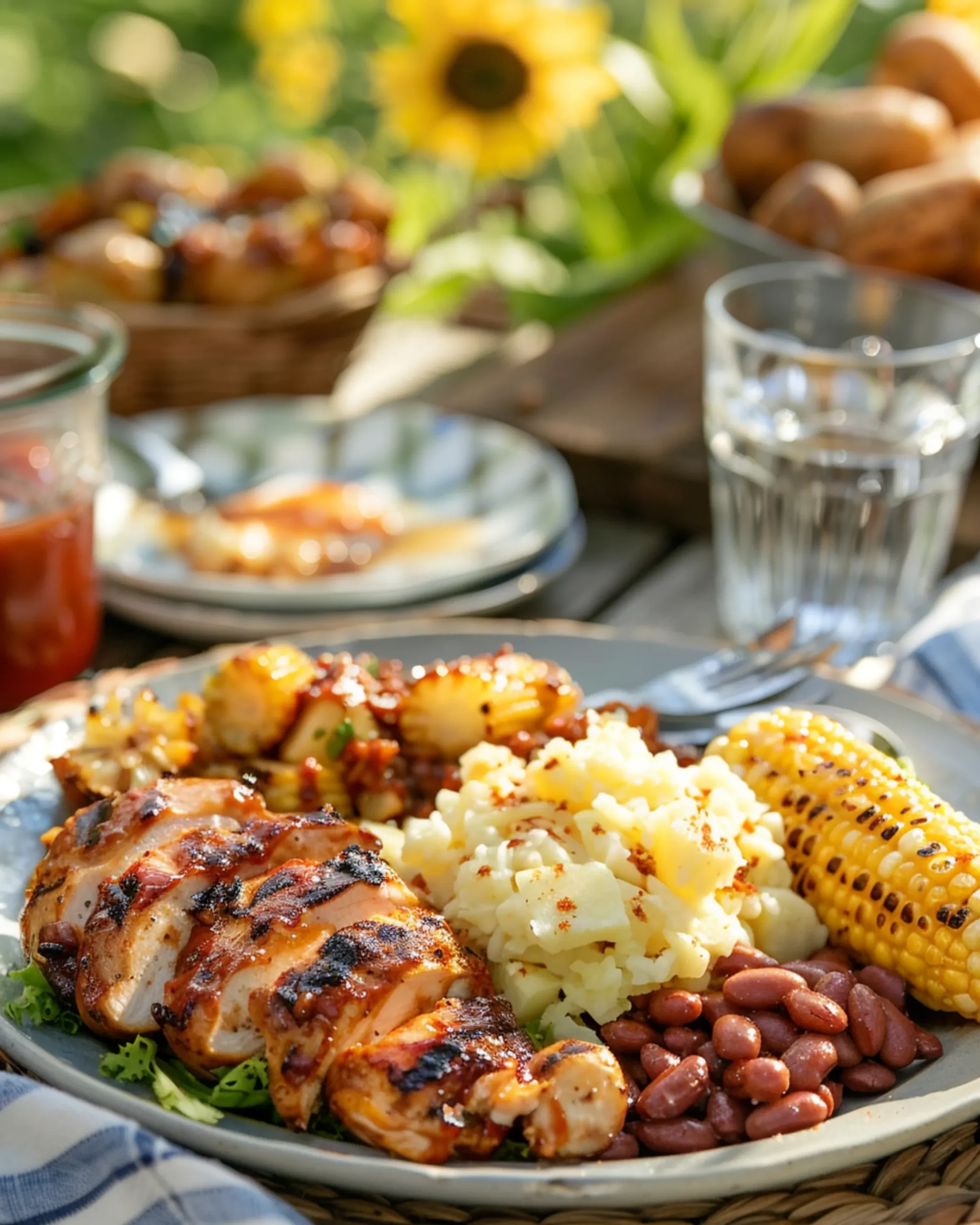 Creamy potato salad served alongside grilled chicken and baked beans