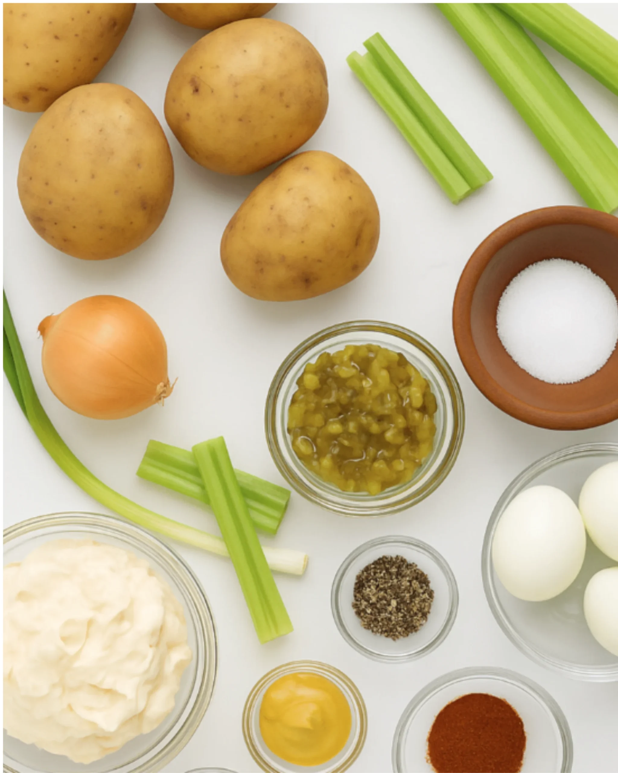 Flat lay of ingredients including Yukon gold potatoes, mayonnaise, mustard, eggs, and celery