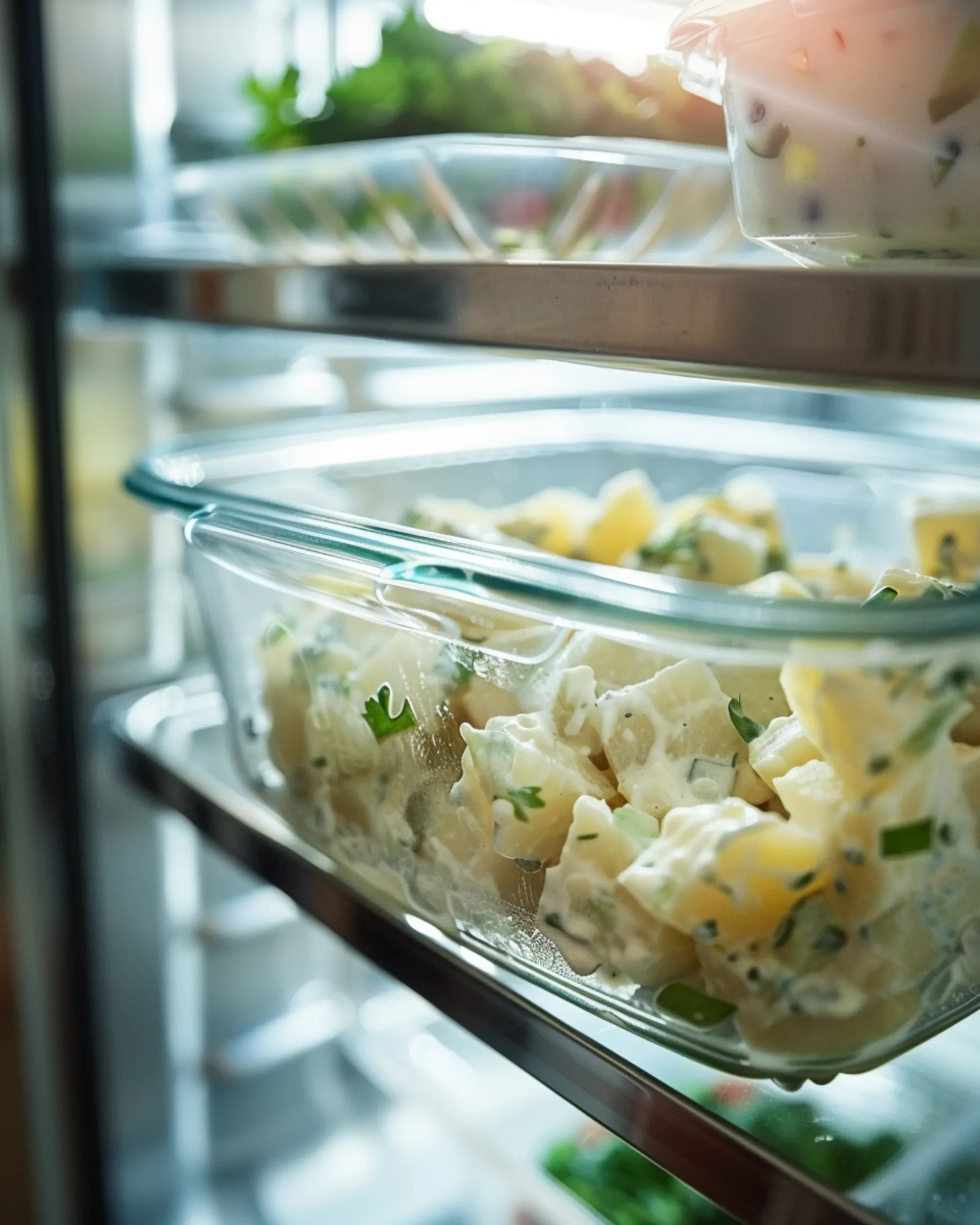 Creamy potato salad stored in a clear airtight container in a refrigerator