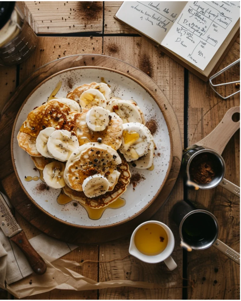 Protein pancake recipe card with ingredients and plated dish