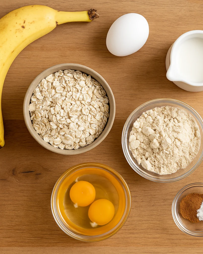 Ingredients for protein pancakes laid out around blender
