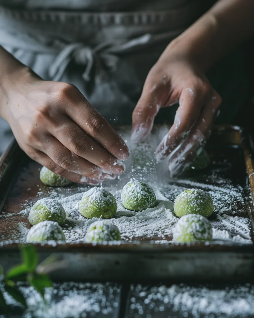 Best Matcha Crinkle Cookies: 1 Soft, Chewy Recipe You’ll Love 3 olling matcha cookie dough balls in powdered sugar