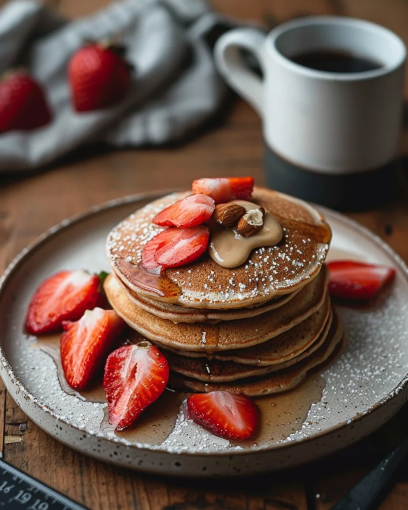 Protein pancakes with almond butter and strawberries