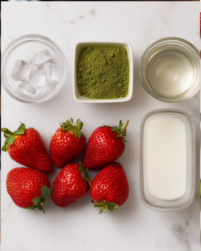 Ingredients for making strawberry matcha latte laid out on a marble counter.