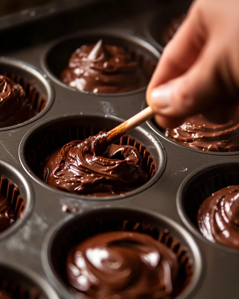 Hand swirling cream cheese into brownie batter in cupcake liners
