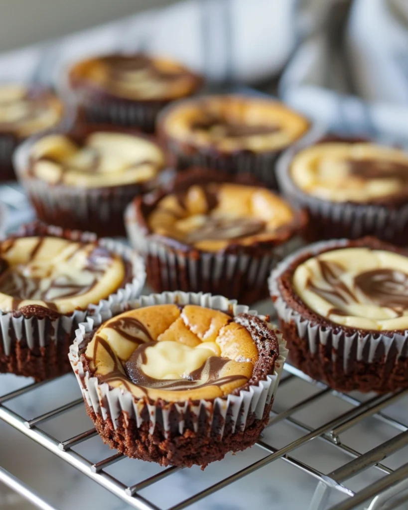 Freshly baked brownie cheesecake cups cooling in a muffin tin