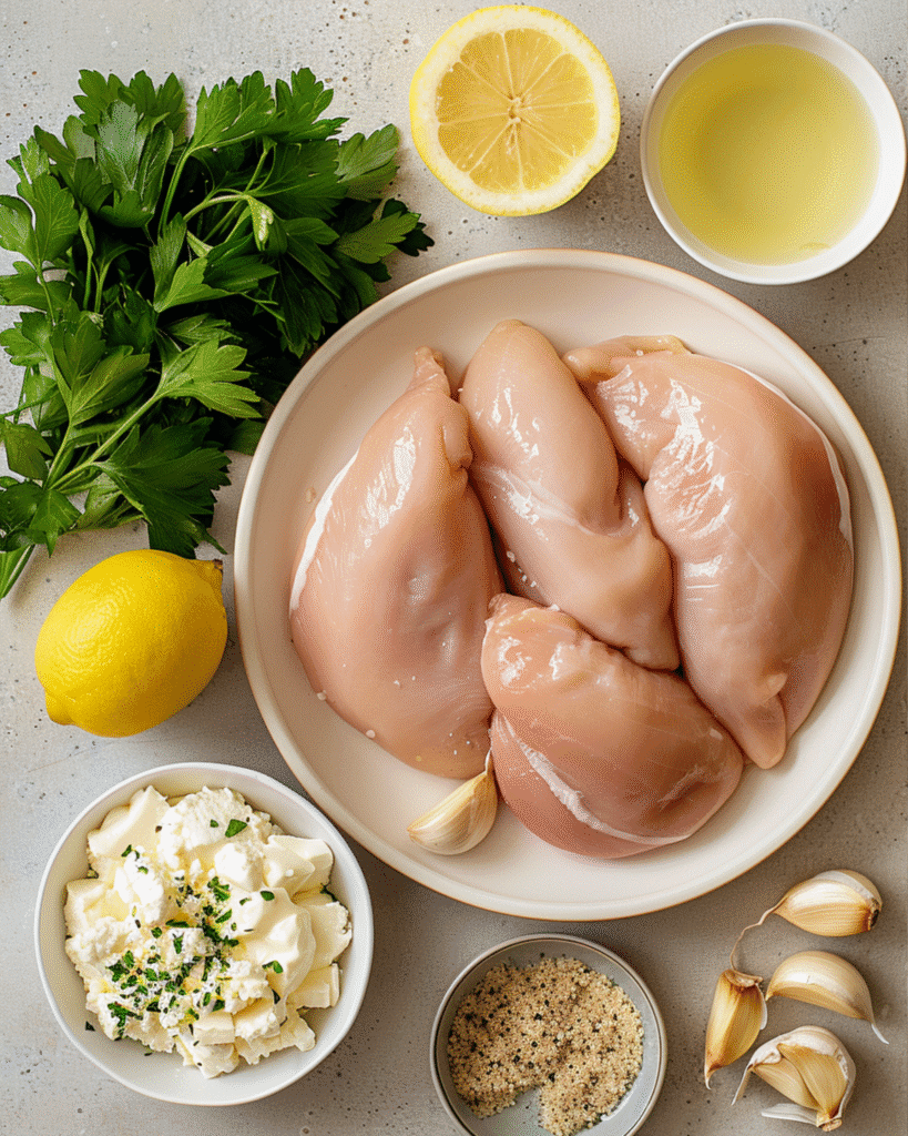 Ingredients for Boursin chicken with garlic and herbs arranged on a table