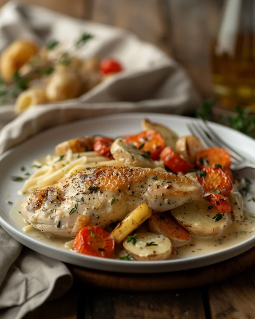 Boursin chicken with garlic and herbs served with roasted vegetables and pasta