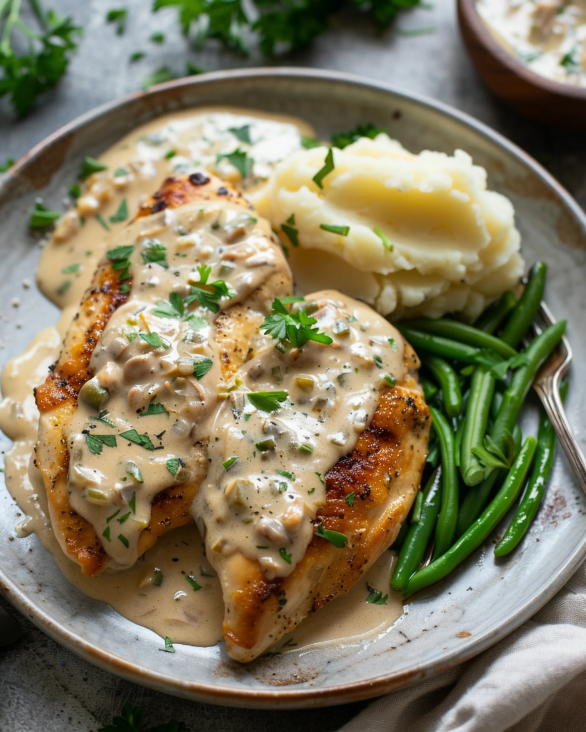 Boursin chicken with garlic and herbs served with mashed potatoes