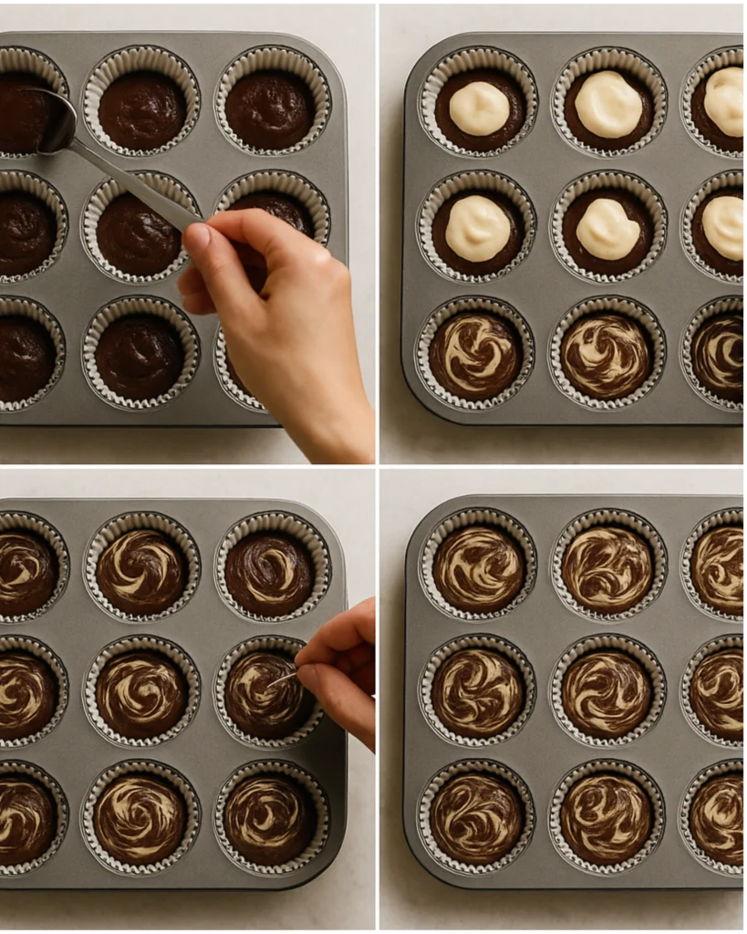Swirling cream cheese into brownie batter in muffin cups