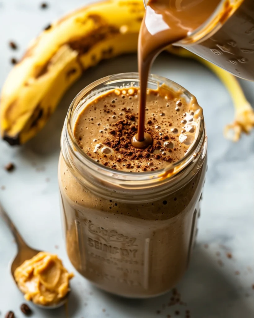 Peanut Butter Coffee Smoothie – 5 Powerful Reasons to Try It Today 4 Ingredients for peanut butter coffee smoothie on a board