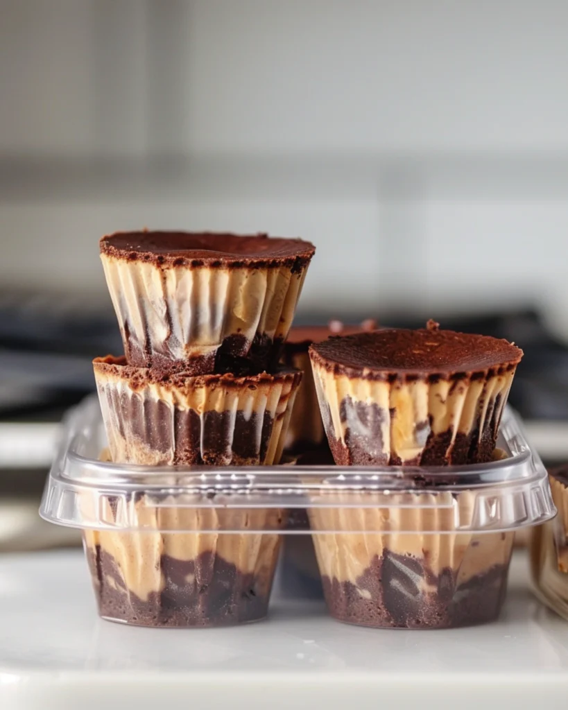 Brownie cheesecake cups stored in a container with parchment