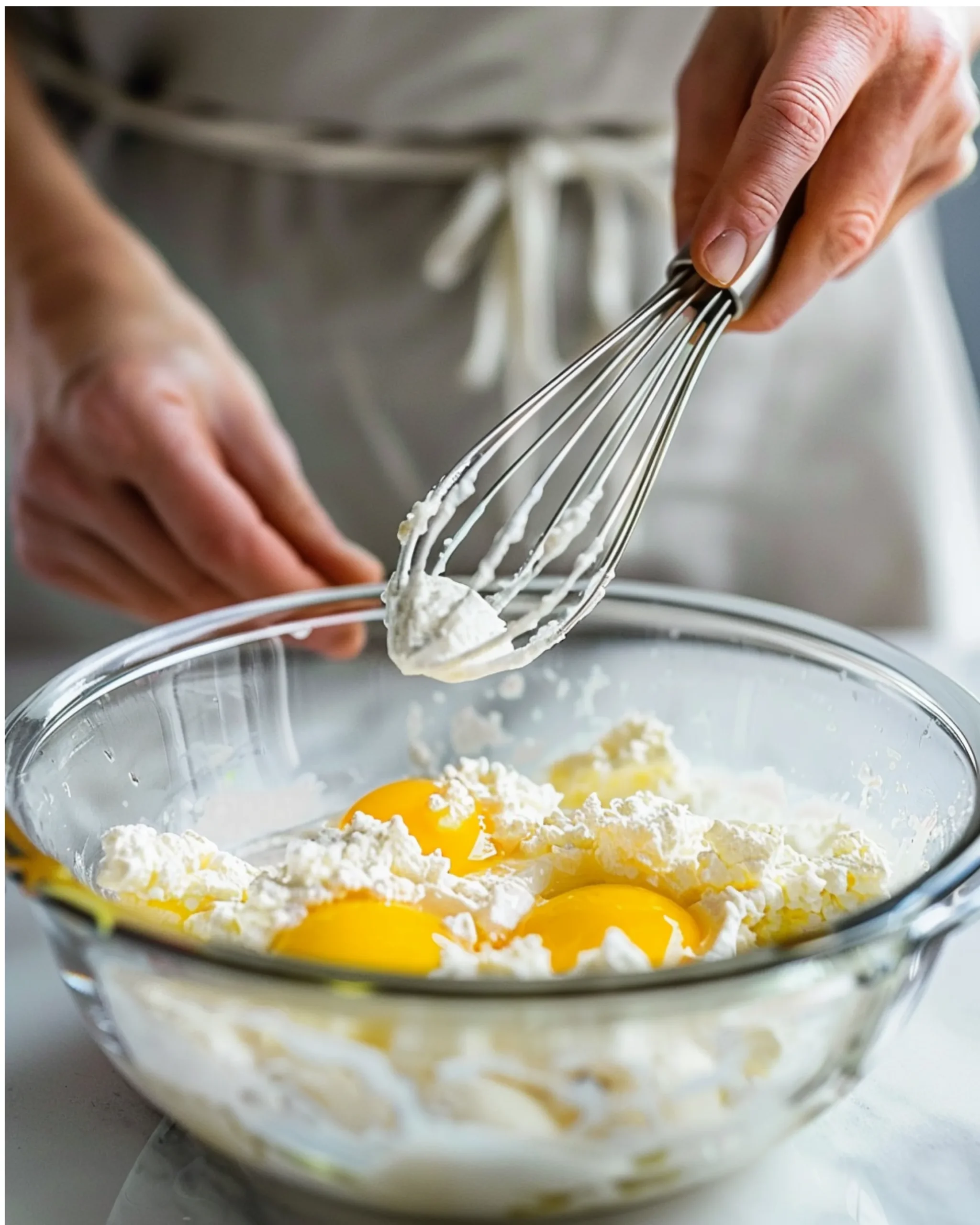 Whisking eggs with cottage cheese in a mixing bowl