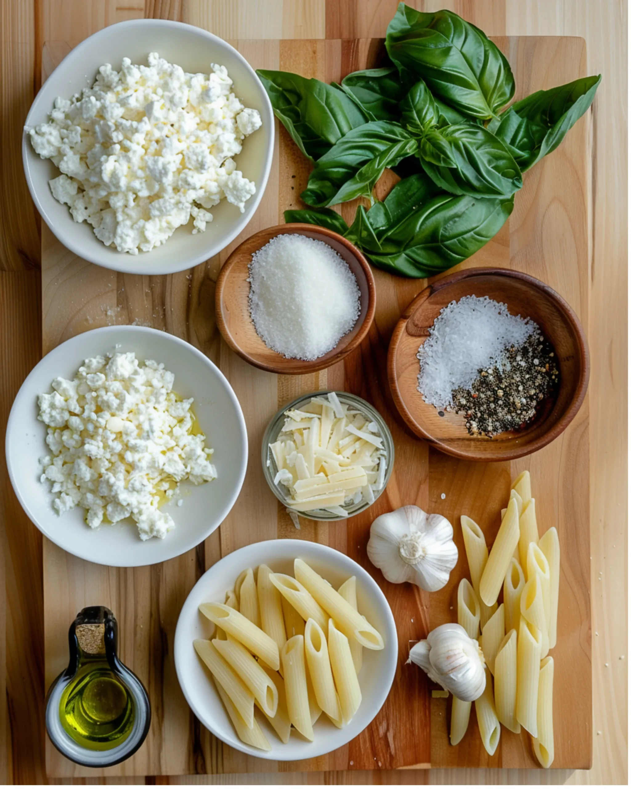 Ingredients for creamy cottage cheese pasta on a wooden board